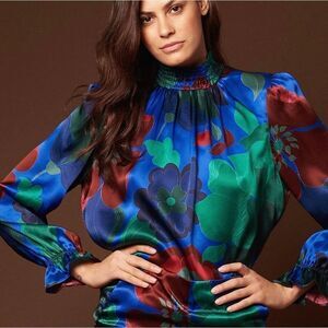 Tucker The Stella Top Cobalt Retro Floral in Stretch Georgette Silk Blouse Smock